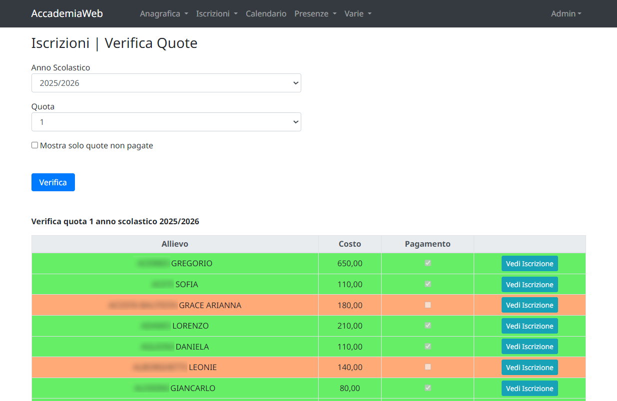 Verifica pagamento quote scuola di musica